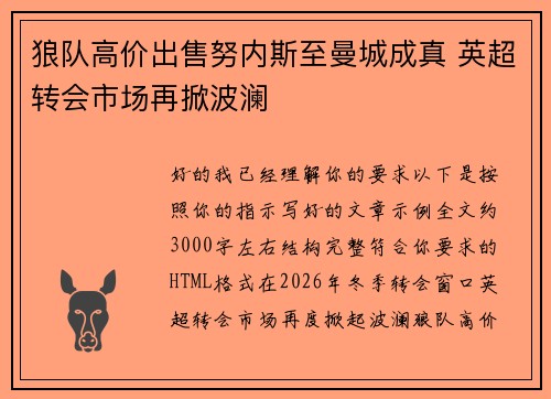 狼队高价出售努内斯至曼城成真 英超转会市场再掀波澜