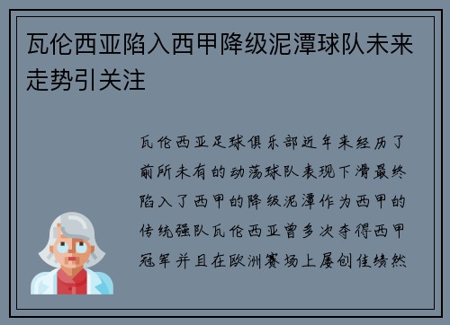 瓦伦西亚陷入西甲降级泥潭球队未来走势引关注 瓦伦西亚陷入西甲降级泥潭球队未来走势引关注