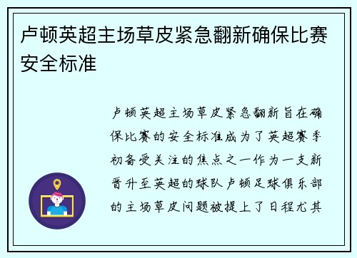 卢顿英超主场草皮紧急翻新确保比赛安全标准
