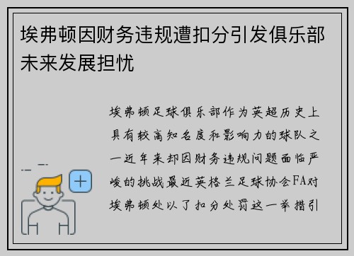 埃弗顿因财务违规遭扣分引发俱乐部未来发展担忧 埃弗顿因财务违规遭扣分引发俱乐部未来发展担忧